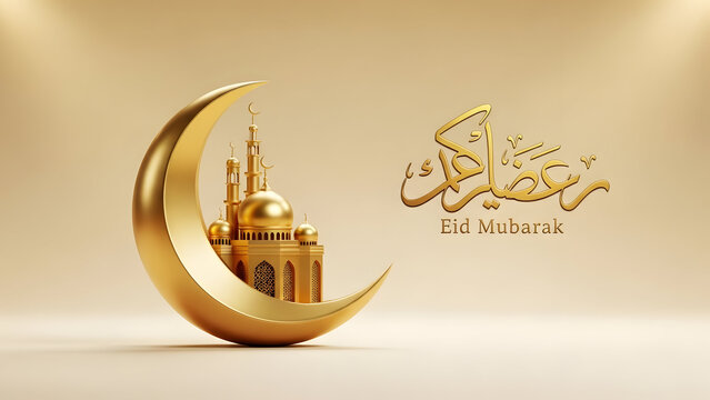 Luxury Golden Mosque on a Large Crescent Moon, Eid Mubarak 3D Illustration on Beige Gradient Background