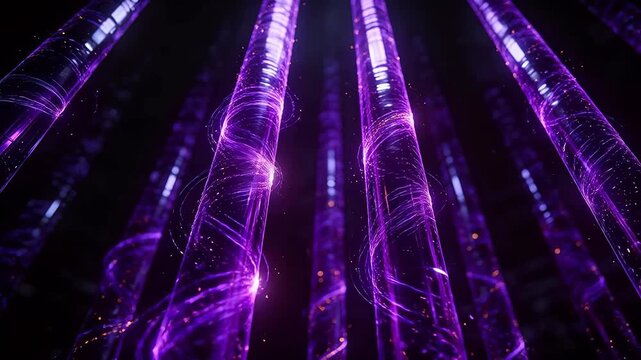 Abstract purple glowing pillars with spiral light patterns in dark space