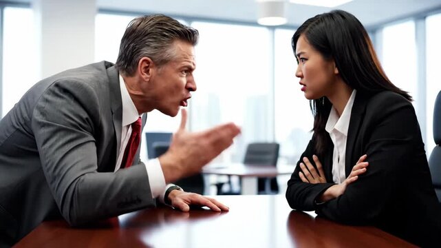 Angry business man and woman arguing in an office. Colleagues shouting and pointing fingers during a heated disagreement. Workplace conflict and stress concept