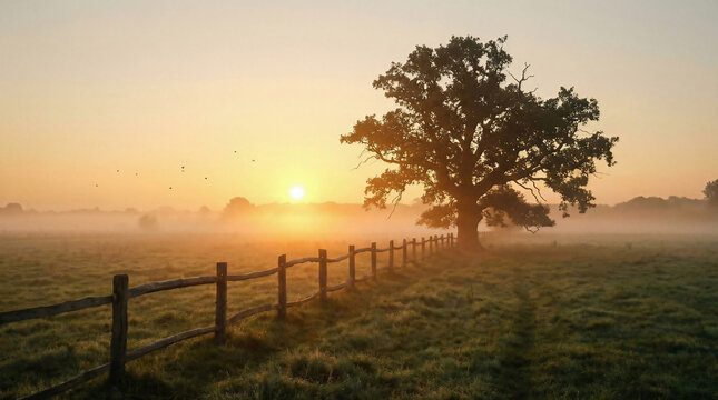 Serene Golden Sunrise Over Misty Field with Wooden Fence