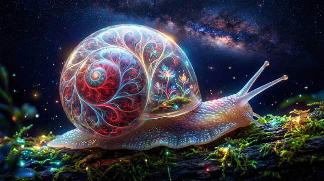 Transparent glass snail-shell filled with bioluminescent fractal plants. Luminous opalescent. Blood red. Insanely detailed beautiful snail with glass shell.