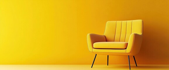 yellow armchair against a yellow wall background, a minimalist interior design concept, wallpaper, copy space