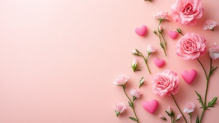 valentine's day pink background, cute pastel-colored flowers and heart-shaped decorations, copy space concept for happy mother's day design template mockup, banner template design