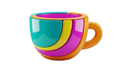Colorful 3D rendered cup with multiple vibrant colors and shiny surface on white background transparent background
