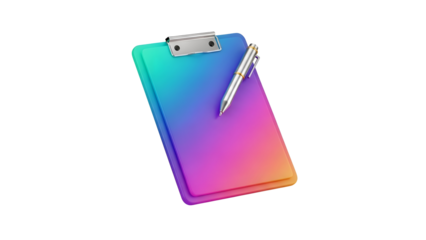 Colorful clipboard with metal clip and pen on top for writing notes and documents easily transparent background