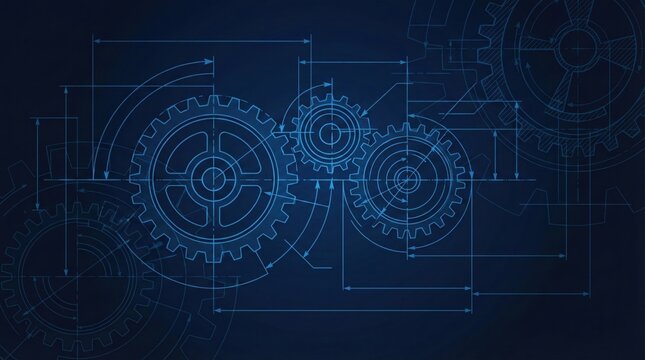 Blueprint gear engineering background,technical drawing of interlocking cogwheels on dark blue background,ideal for industrial innovation,engineering process,technology development concepts