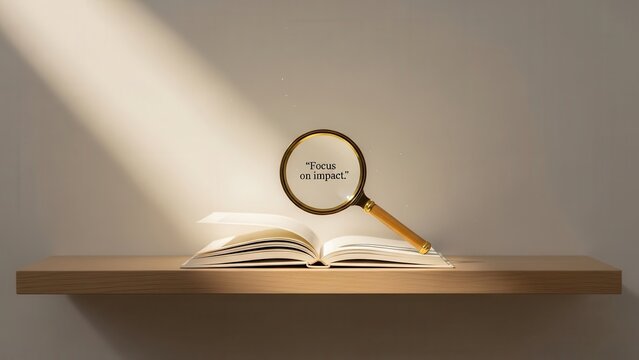 Magnifying glass on open book with focus on impact quote