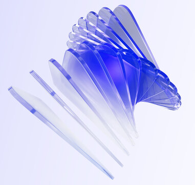 Abstract 3d glass layered effect with light purple blue gradient. Line array, twisted transparent form render. Swirl of crystal triangle plate shapes. Isolated graphic design element. 3D illustration
