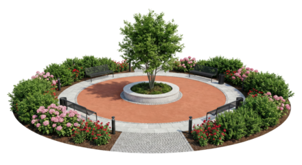Circular Garden Design with Tree, Benches, and Flowers