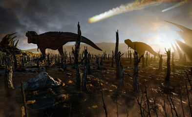 T-rex dinosaur and asteroid impact, 3d render © Mikael Damkier