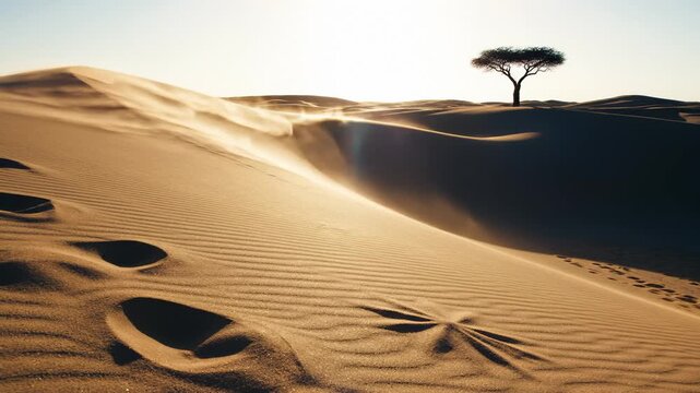 Wind Blowing Sand Over Desert Dunes at Sunset With Lone Tree in Background