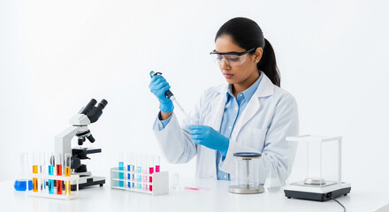 Fototapeta premium Young Indian female scientist using a micropipette to analyze samples in a modern white laboratory with microscope and test tubes.