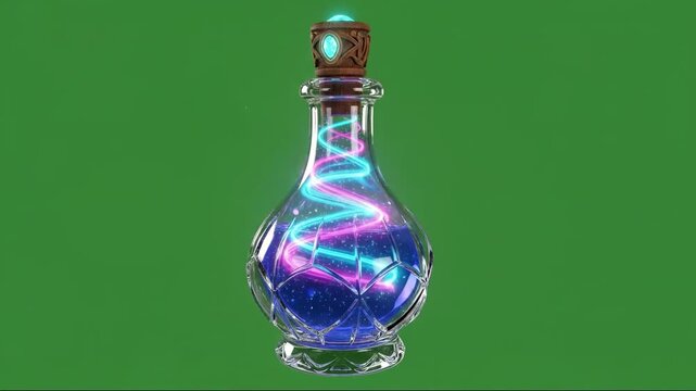 A magical potion bottle filled with swirling cosmic energy and light, sealed with a cork stopper.