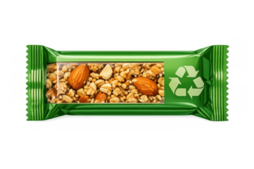 Healthy granola bar in green packaging with visible almonds and oats, featuring a recycling symbol, transparent background