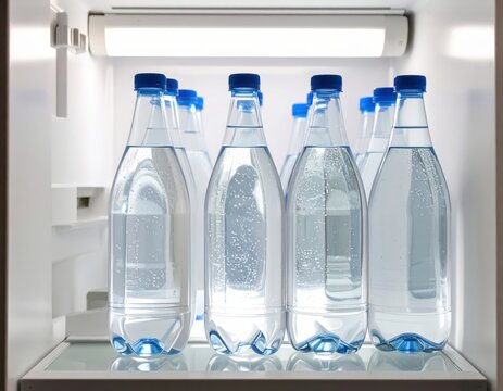Clear plastic sparkling water bottles inside a brightly lit refrigerator