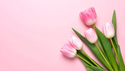 A bouquet of pink tulips lies gracefully on a soft pink background, showcasing their vibrant colors © Matthew