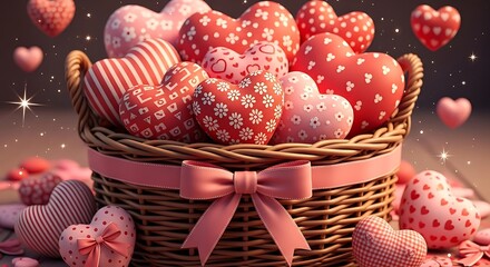 A basket filled with decorative heart-shaped ornaments illustration