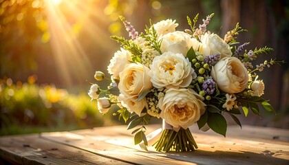 A vibrant bouquet of roses and other flowers, illuminated by warm sunlight in a serene setting