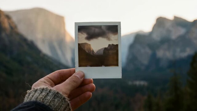 A hand holds a polaroid of a mountainous landscape, evoking a sense of nostalgia, capturing the essence of travel.