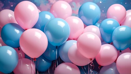 A vibrant assortment of pastel pink and blue balloons against a dreamy, colorful backdrop