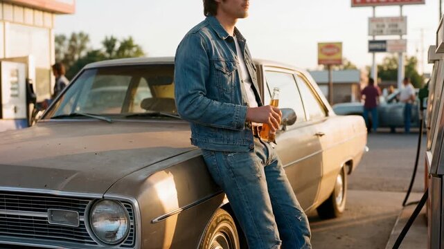A man in a vintage denim outfit leans casually against a classic car at a retro gas station. Capturing a moment of laid-back cool.