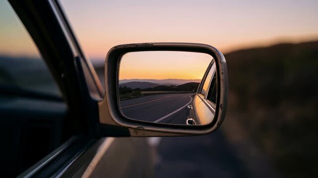 A mesmerizing perspective of the road ahead is reflected in the side mirror of a car. captures the open road and endless possibilities.