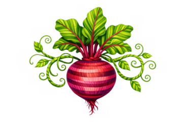 Beetroot with striped pink and fuchsia patterns, green leaves, and decorative vines. Organic food, harvest, and healthy eating concept