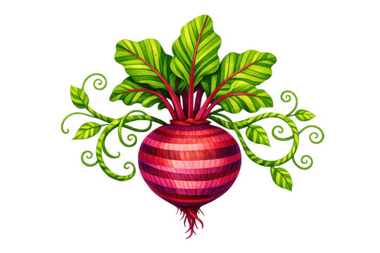 Beetroot with striped pink and fuchsia patterns, green leaves, and decorative vines. Organic food, harvest, and healthy eating concept