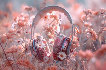 Fototapeta premium Pink headphones with floral design resting in a field of pink and white flowers, evoking a sense of tranquility and music in nature