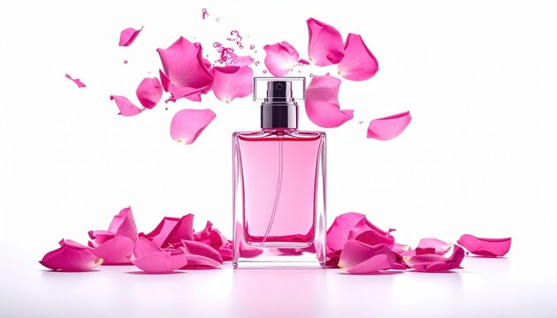 Pink perfume bottle surrounded by exploding rose petals