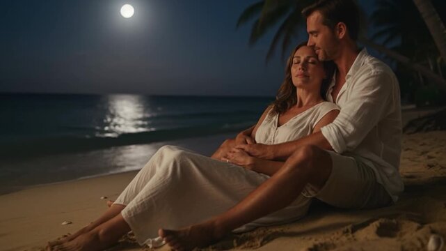 A romantic couple sitting together on a moonlit beach at night, sharing a peaceful and intimate moment by the sea under soft moonlight.