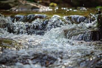 Fototapeta premium Crystal clear water flows down rocks in a pristine mountain stream, creating white water rapids and glistening droplets