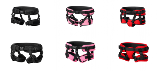 Adjustable climbing harness unique collection in black, pink and red with padded waist belt, leg loops and buckles,. Fall protection gear for outdoor rescue