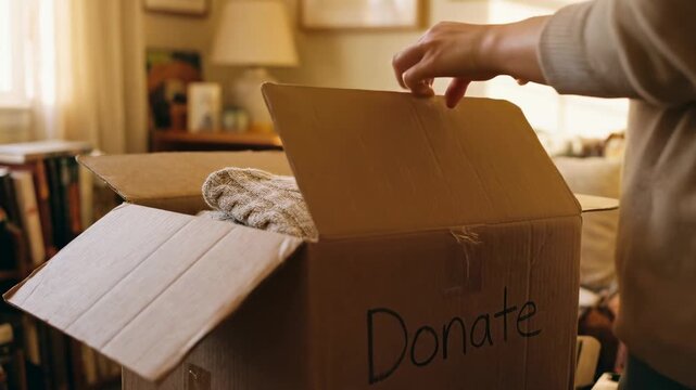 A person packing clothes into a cardboard box labeled Donate, preparing items for charity, symbolizing generosity, giving, and community support.