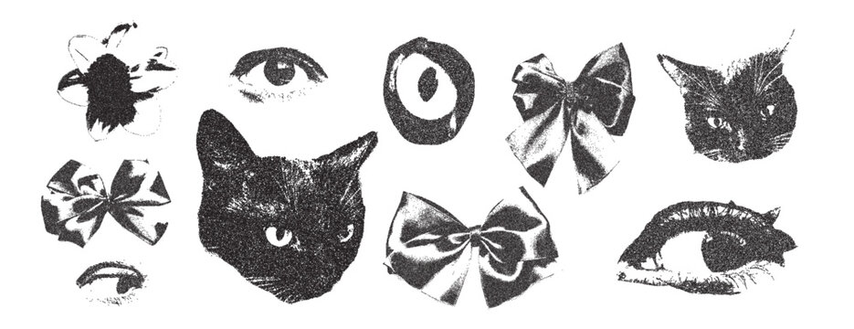 Woman eyes, bows, flowers, cat photocopy dada vintage collage set. Ribbon, domestic animal head, eyes halftone dadaism effect. Dotted stippling grunge elements. Vector y2k gritty retro shape isolated.