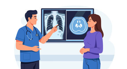 Doctor explaining MRI results to patient in clinic for educational health materials and awareness campaigns