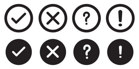 Green check and red cross symbols, blue question mark and yellow exclamation point, round thin line vector signs, solid circle icons set stock illustration
Check Mark, Icon Symbol, Crossing, Examining