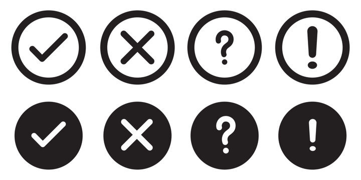 Green check and red cross symbols, blue question mark and yellow exclamation point, round thin line vector signs, solid circle icons set stock illustration
Check Mark, Icon Symbol, Crossing, Examining