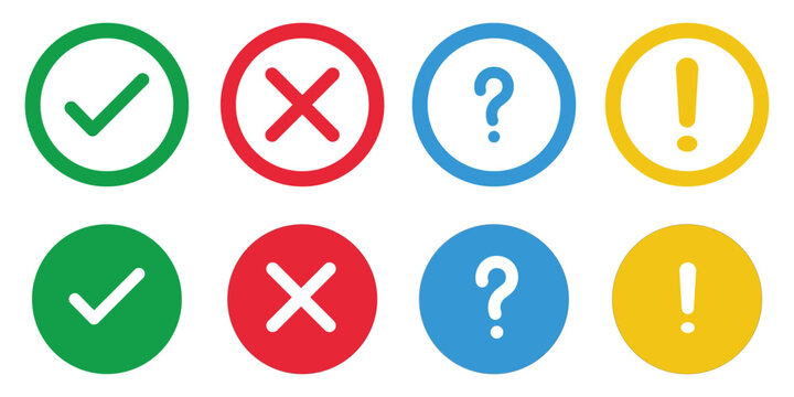 Green check and red cross symbols, blue question mark and yellow exclamation point, round thin line vector signs, solid circle icons set stock illustration
Check Mark, Icon Symbol, Crossing, Examining
