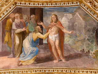 Obraz premium Amalfi - The baroque fresco of Apparition of Resurrected Jesus to Thomas in the crypt of by Vincenzo De Pino from 17. cent.