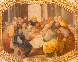 Fotobehang Jezus Christus Amalfi - The baroque fresco of Last Supper in the crypt of by Vincenzo De Pino  from 17. cent.  © Renáta Sedmáková