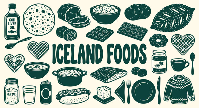 Hand drawn Iceland culinary doodles with flatbread, waffles and cod liver oil in a teal sketch style. A vector illustration set for a travel guide, restaurant menu and Nordic food branding.