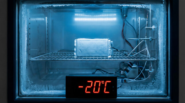Thermal: Industrial Thermal Test Chamber with Sodium-Ion Battery Cell Undergoing Extreme Cold Temperature Safety Inspection
