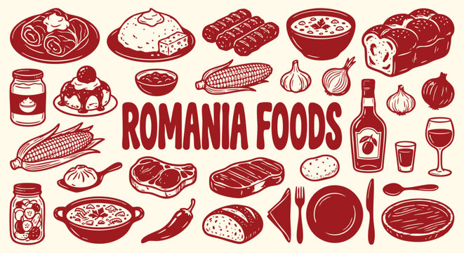 Vector collection of Romanian cuisine with hand drawn sarmale, mamaliga and mititei in a red doodle style. An icon set for a restaurant menu, travel guide and traditional food branding.