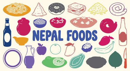 Nepal foods vector collection of hand drawn samosas, sel roti and noodles in a colorful doodle style. An icon illustration set for a restaurant menu, travel guide and Asian food branding.