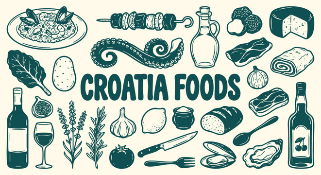 Croatia foods vector collection of hand drawn seafood, truffles and olive oil in a vintage sketch style. An icon illustration set for a restaurant menu, travel guide and culinary branding.