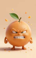 Angry cartoon orange with green eyes, teeth, and leafy stem. Cracked peel fragments scattered nearby.