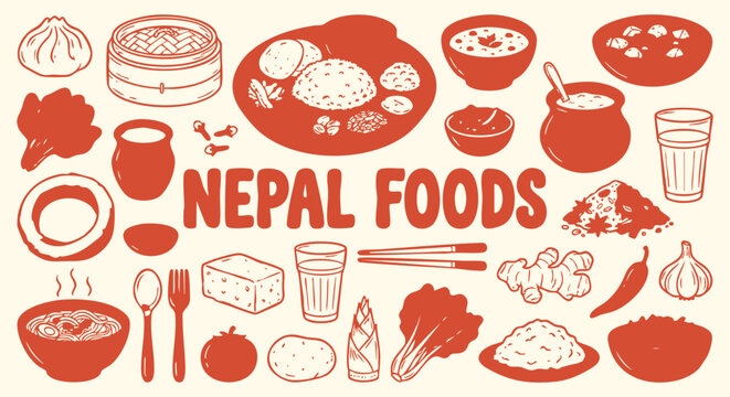 Hand drawn Nepal culinary doodles featuring dal bhat, momos and chai tea in a red sketch style. A vector illustration set for a restaurant menu, travel guide and South Asian food branding.