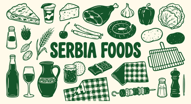 Serbia food icons set of hand drawn pljeskavica, burek and meat dishes in a green doodle style. A vector collection for a restaurant menu, Balkan travel guide and culinary branding.