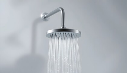 Shower head with water flowing down from it in a bathroom setting viewed from the front